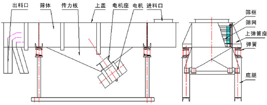 直線振動篩內(nèi)部結(jié)構(gòu)：出料口，篩體，傳力板，上蓋，電機(jī)座，電機(jī)，進(jìn)料口，篩框，篩網(wǎng)，上彈簧座，彈簧，底腿。